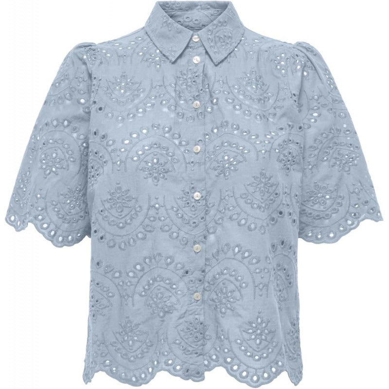 Amazon fashion cut out crochet short sleeve shirt women's  summer new arrivalfashioncasualeleganttops