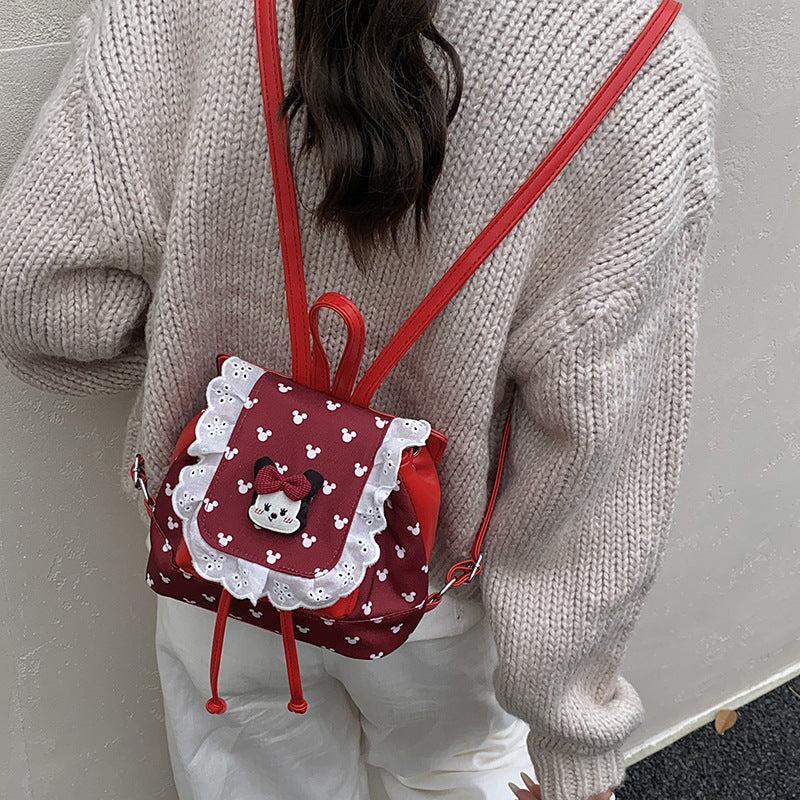 Sweet and cute fashion flip-top backpack for female students, new autumn and winter lace schoolbag, cartoon girl backpack