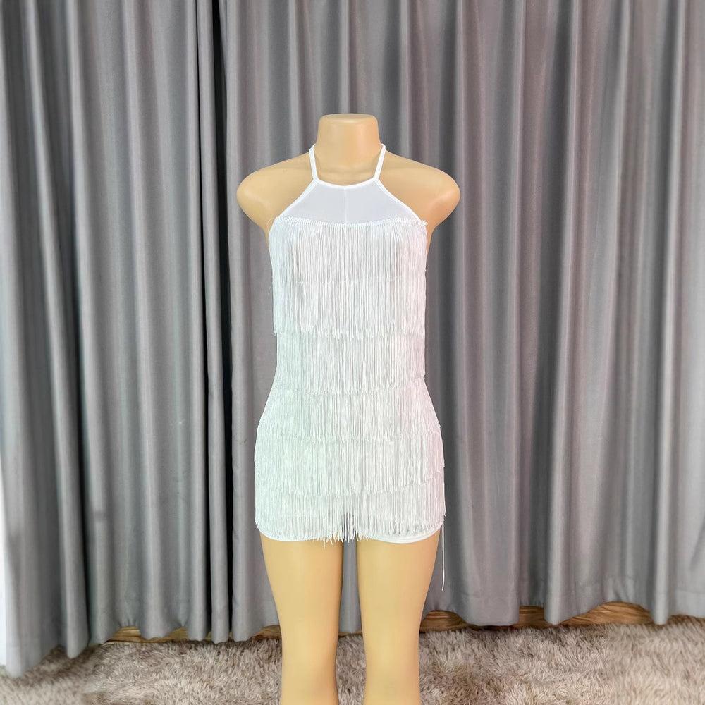 Knitted backless tassel dress sexy halter european and american hot girl bodycon jumpsuit