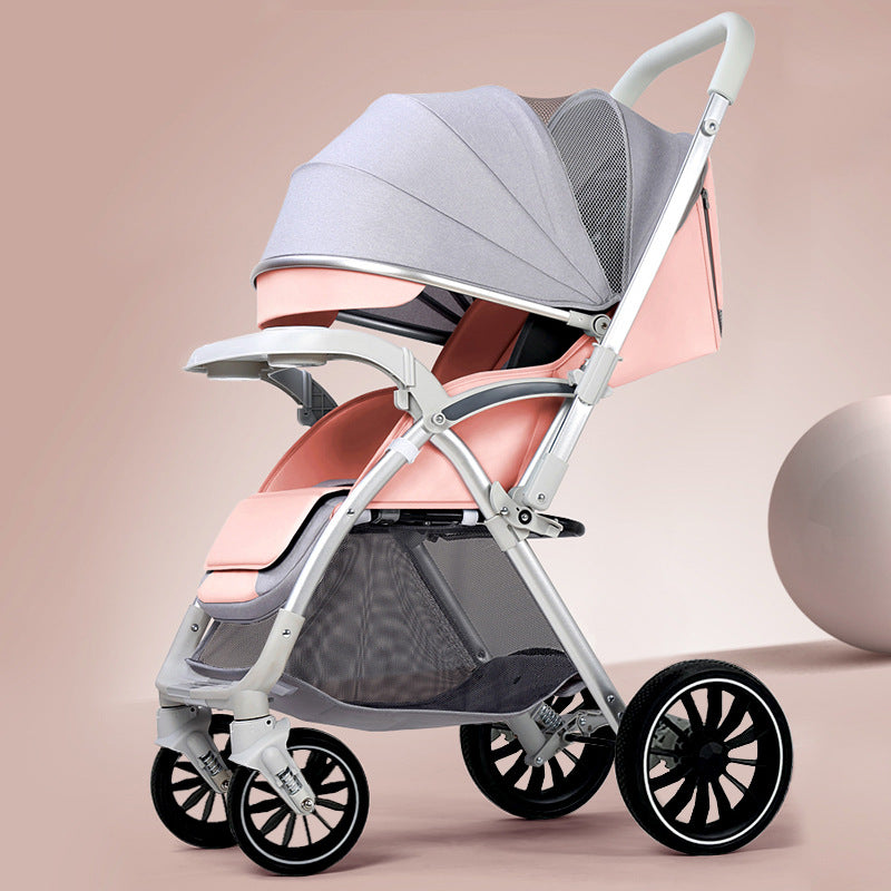 Lightweight, large-wheeled, foldable baby stroller. convertible from upright to reclined position. portable, high-view, four-wheel suspension stroller for ages 0-3 years
