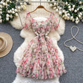 Dopamine dress: square neck, bubble sleeves, floral print, summer mesh overlay with ruffle trim - sweet & stunning