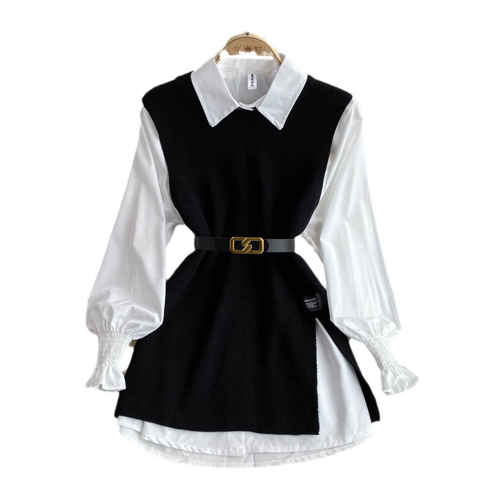 Spring lantern sleeve white shirt women's age-reducing sweet loose covering slit vest sweater layering two-piece set