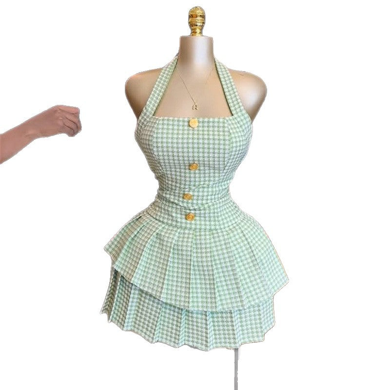 European and american women's clothing 2020 autumn new sweet and fresh plaid halter neck tube top backless high waist slimming pleated skirt