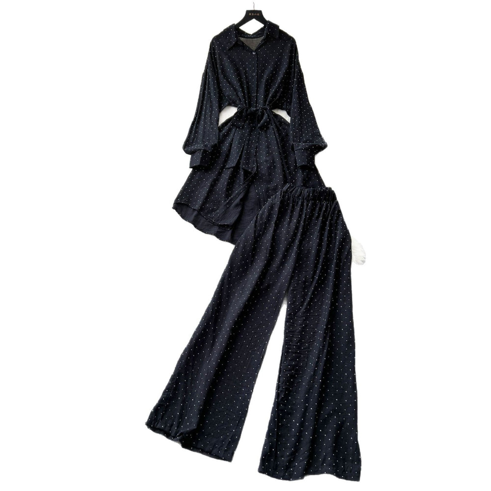 Fashionsuitfemalek-stylecasual lazy style strap waist mid-length hot diamond shirt high waist wide leg straight-leg pants