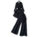 Fashionsuitfemalek-stylecasual lazy style strap waist mid-length hot diamond shirt high waist wide leg straight-leg pants