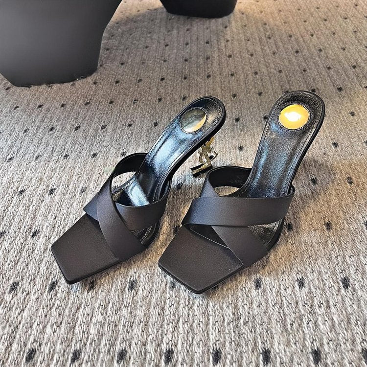 Factory in stock one-strap high-heeled sandals for women cross-strap export best selling special-shaped heels letter heels high-heeled shoes for women