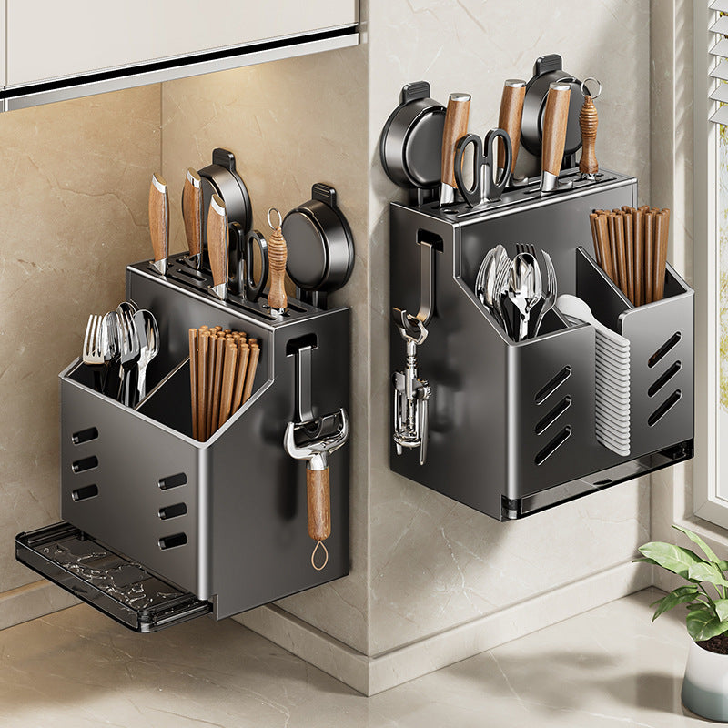 Household kitchen suction cup kitchen knife holder multi-functional shelf wall hanging non-punching chopsticks knife holder integrated storage box