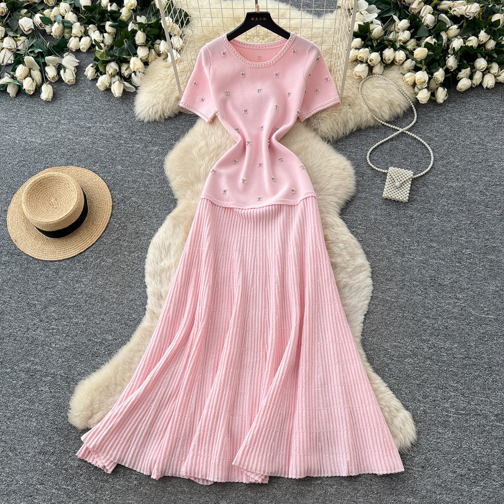 French style beaded short-sleeve dress - women's summer gentle high-waisted a-line dress - slimming and figure-flattering for work and casual wear