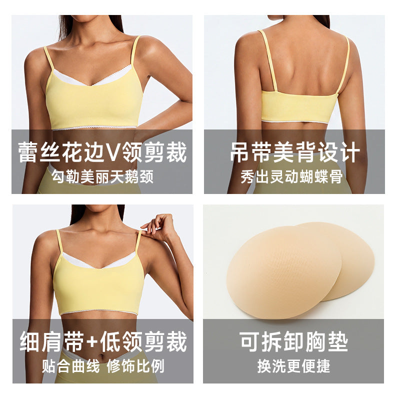 New eco-friendly fabric, solid color, beautiful back, double-layered criss-cross, double-sided nylon sports bra for women, suitable for running, fitness, and yoga