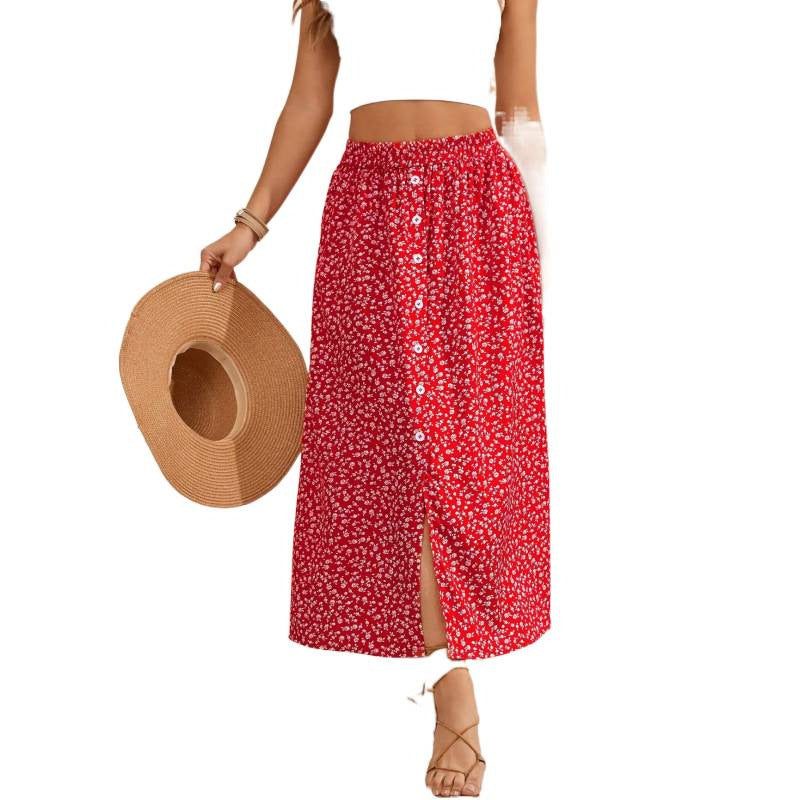 Shipped:  new cross-border european and american printed dress, button-down tie-up maxi skirt, summer country a-line skirt, midi skirt