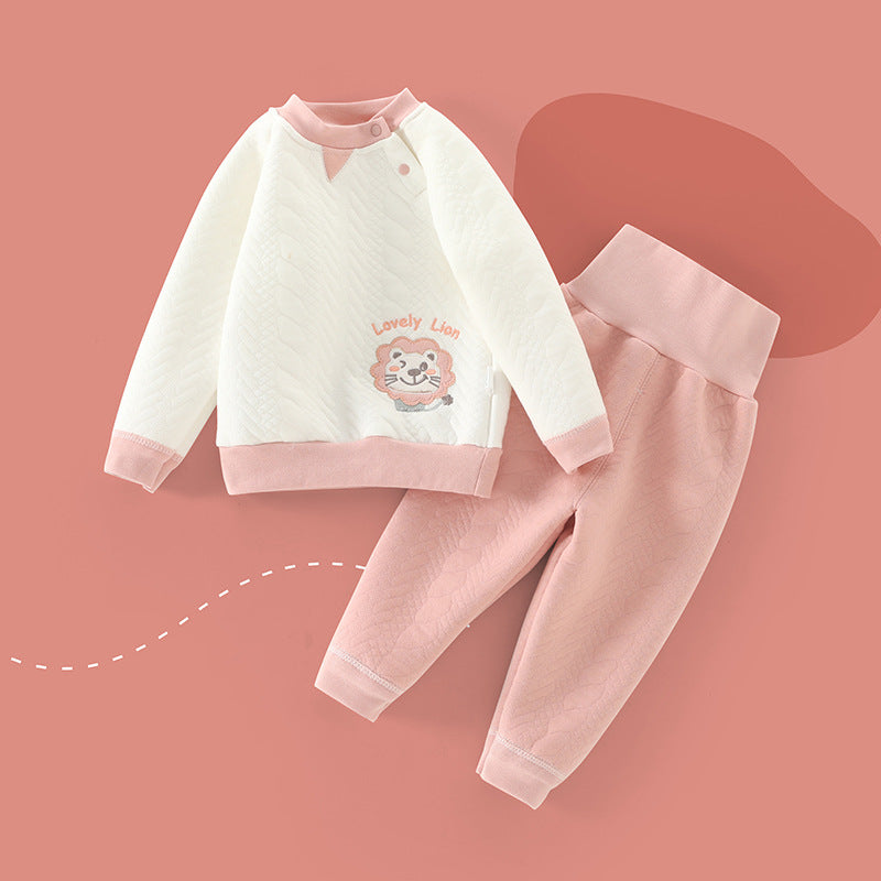 Wholesale baby thermal underwear set, pure cotton thickened quilted, unisex autumn/winter pullover high-waisted belly protection underwear set