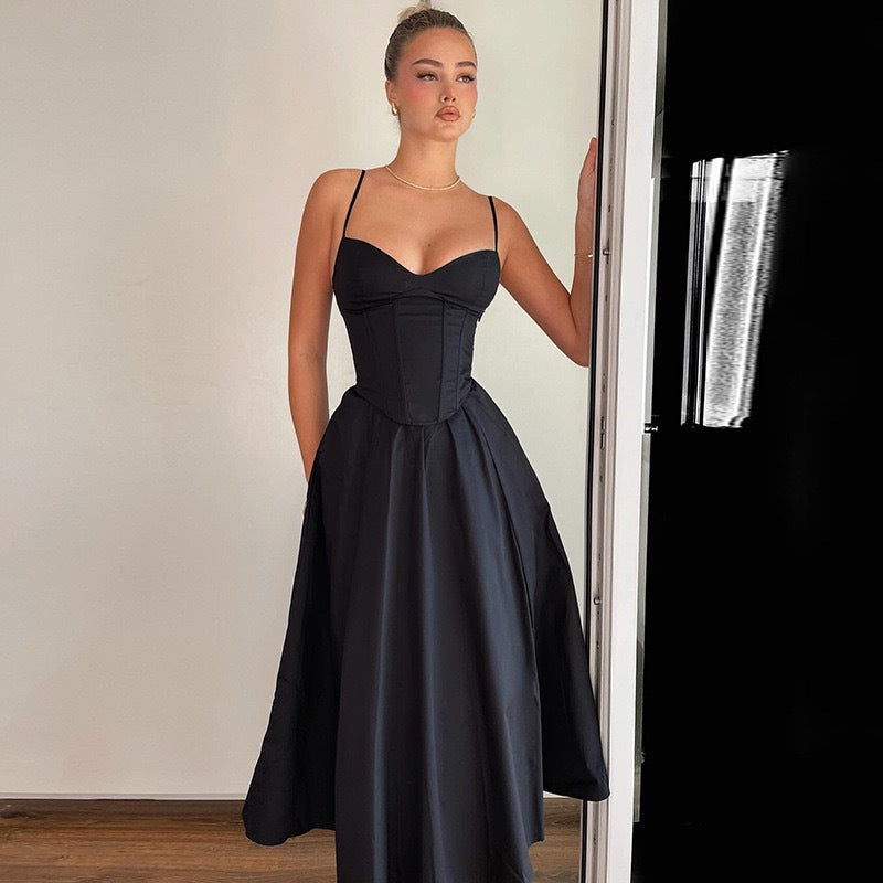 french women's clothing  summer new sexy v-neck camisole maxi dress - black backless sexy dress for women