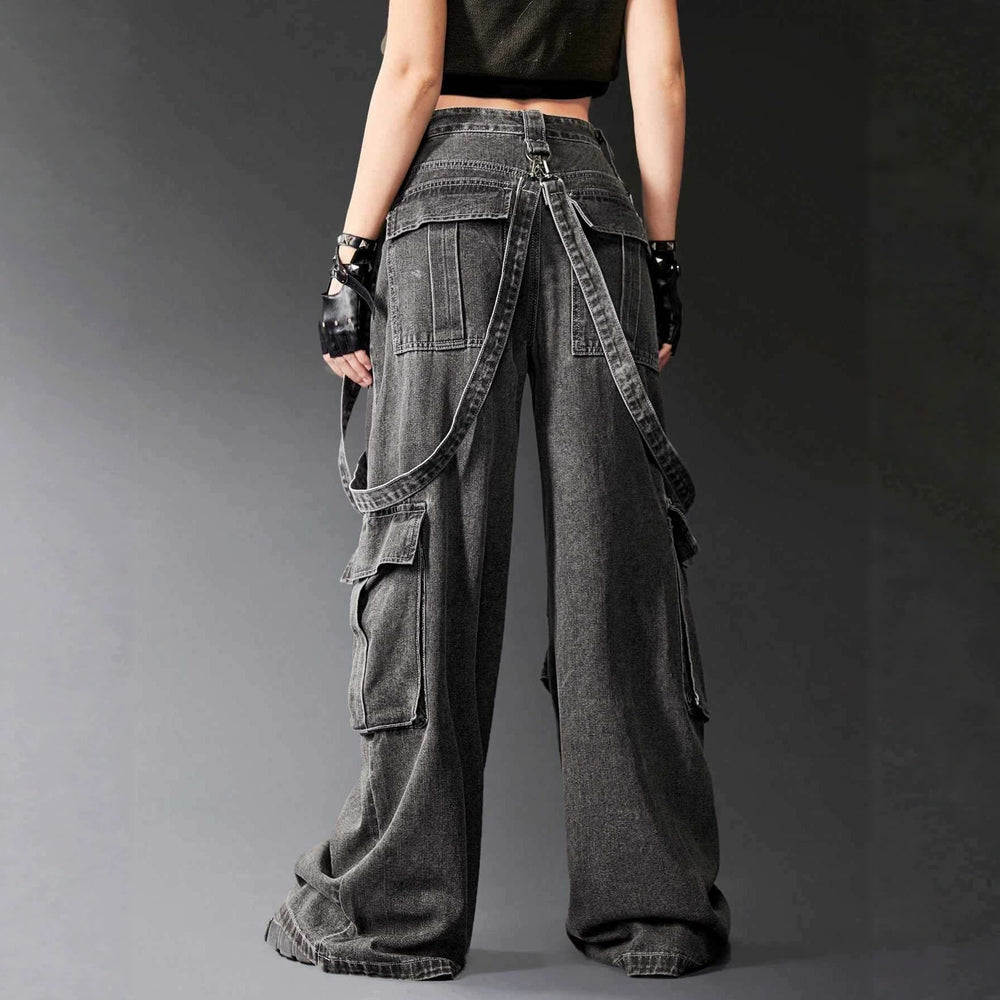 Amazon tiktok pinduoduo foreign trade cross-border fashion gothic style straps multi-pocket distressed gray workwear wide legs