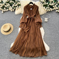 Lightly mature style diamond-encrusted elegance a-line dress women's long sleevestie back waist slimming lookelegant pleated long skirt work clothing