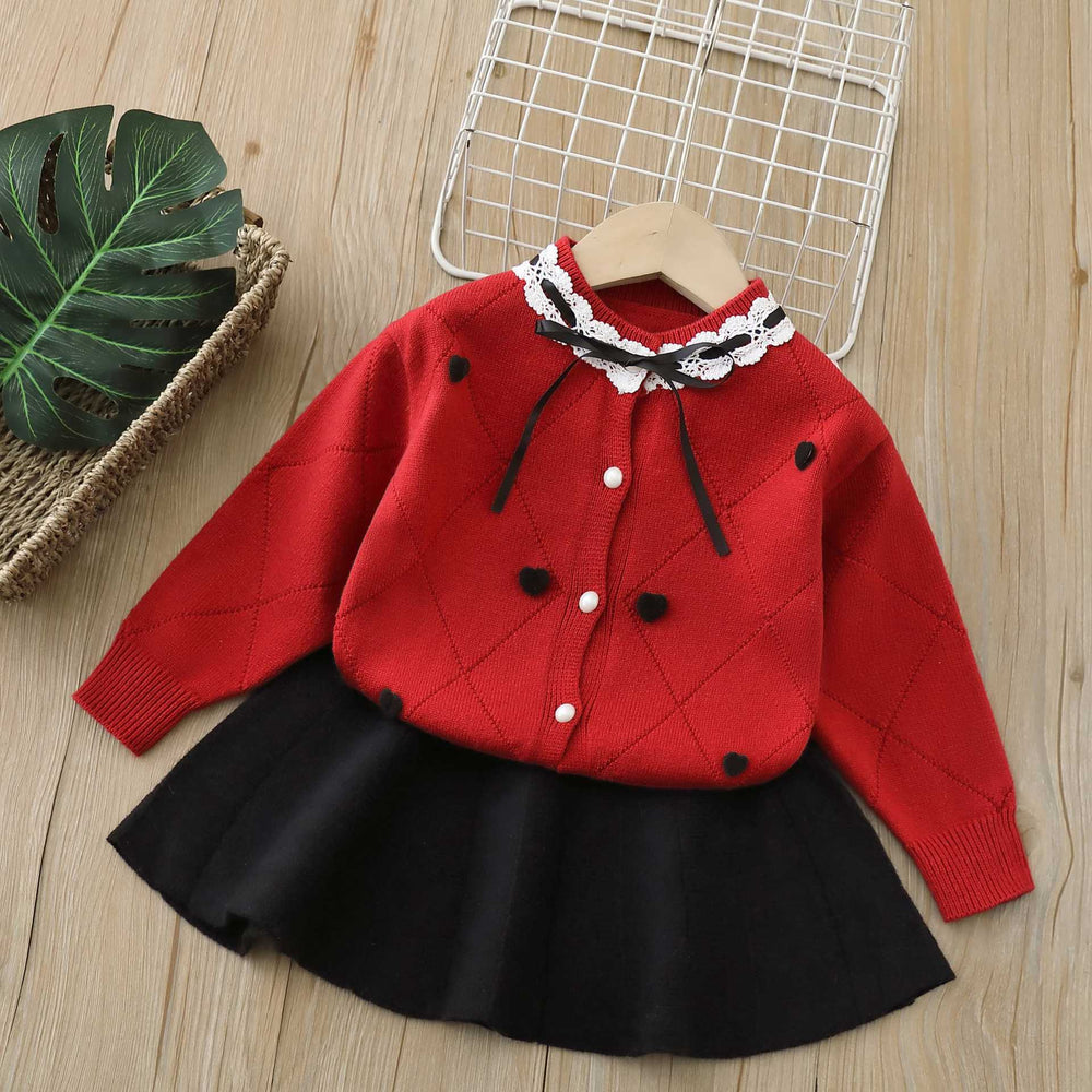 Girls' outfit:  autumn/winter new collection - skirt set with round neck, heart-shaped bow, lace knit cardigan, and stylish two-piece design