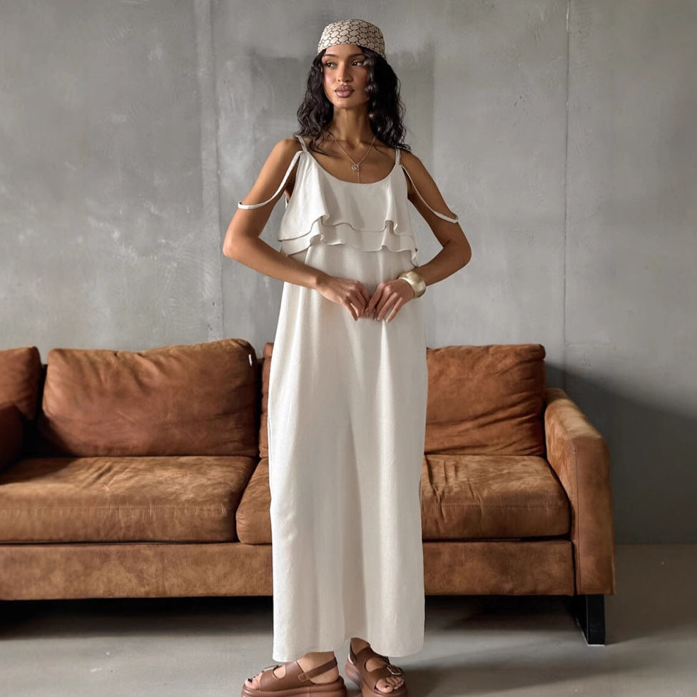 Seaside vacation khaki linen suspender skirt women 2025 autumn design ramie ruffle round neck dress