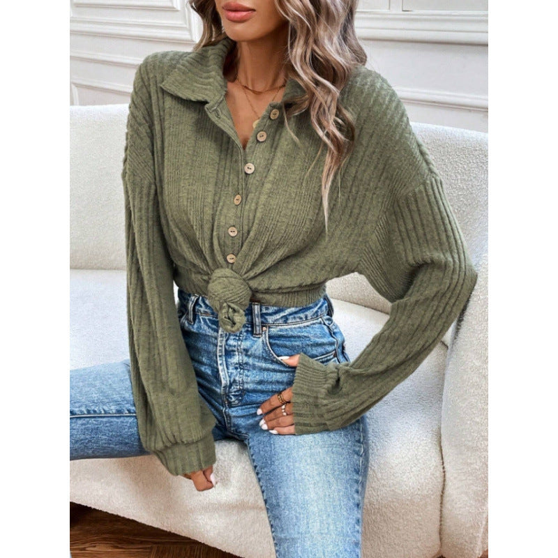 cross-border women's ribbed knit half-open cardigan with stand collar, puff sleeves, and relaxed fit