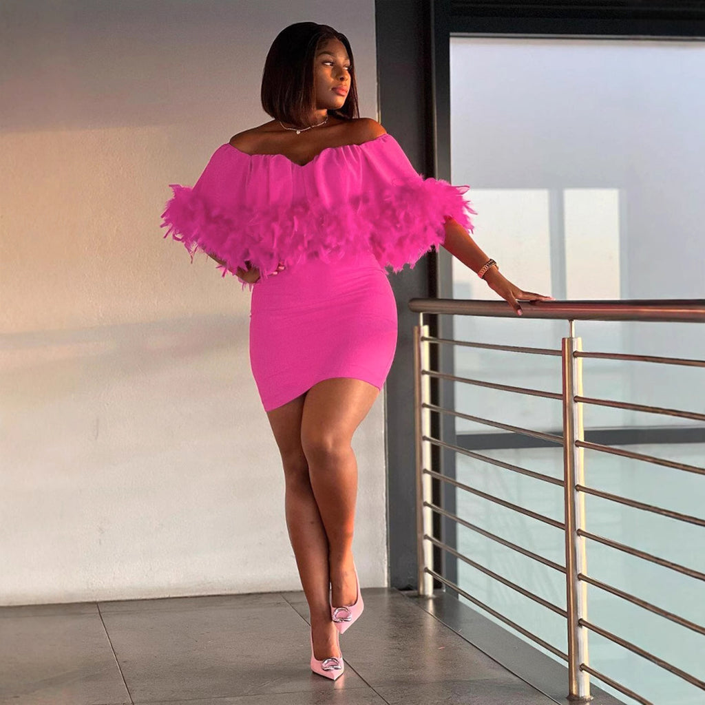 K3323 European and American sexy, one-word shoulder feather flash elastic hip-wrapped slim dress