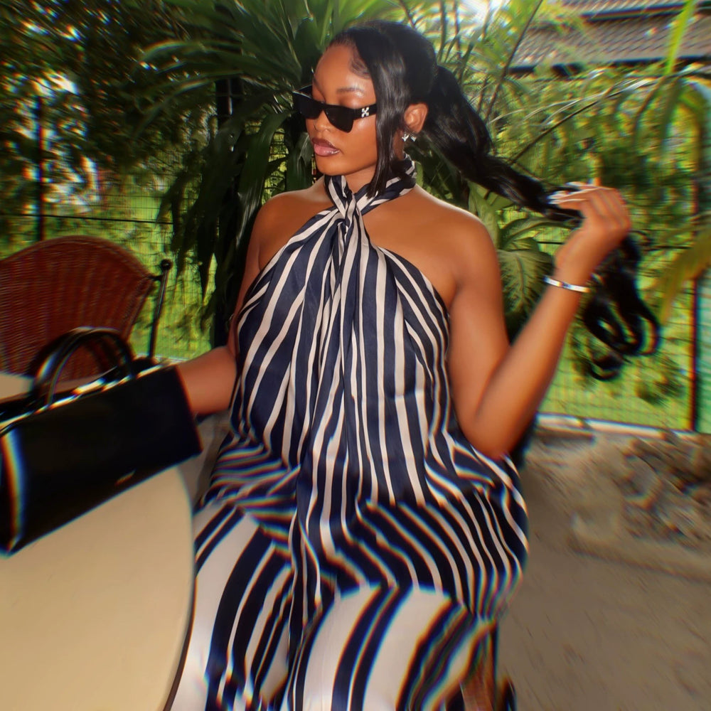 European and american cross-border women's fashion:  summer new collection - stylish and elegant striped sleeveless halter top with high-waisted pants set