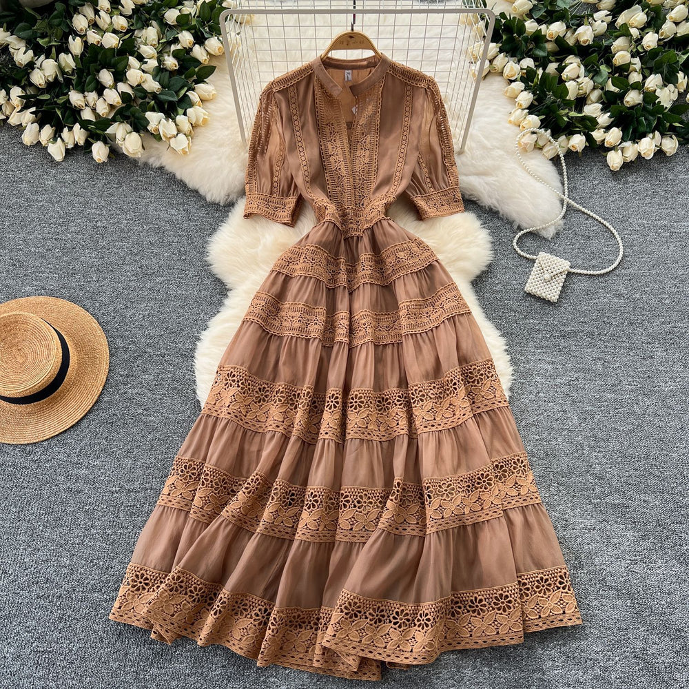 Frenchretro palace style dress women's waist slimming lookelegant puff sleeves lacepatchwork large swing dress long skirt