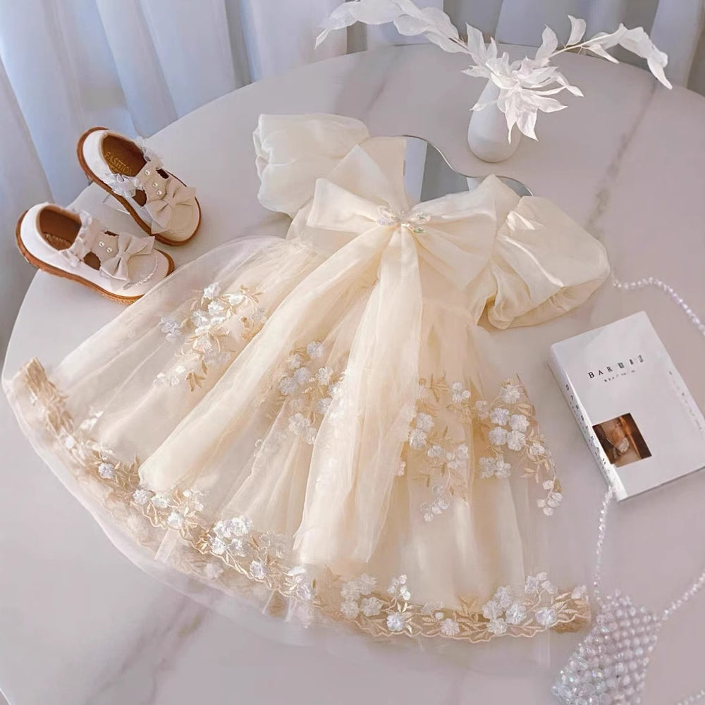 Girls' dress  new summer collection - stylish princess dress for little girls, featuring bubble sleeves and mesh skirt