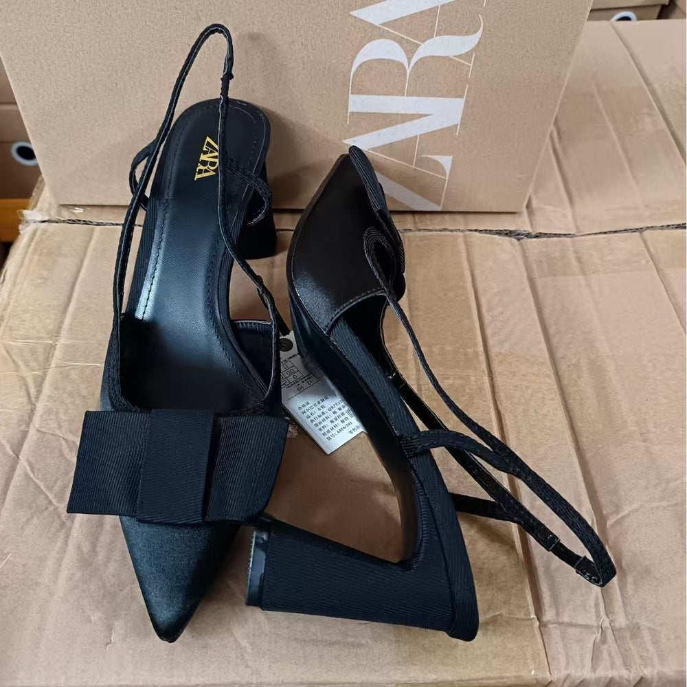 Za2024autum new women's shoes black bows decorated open heel thick heel pointed toe high heels toe cap sandals flats