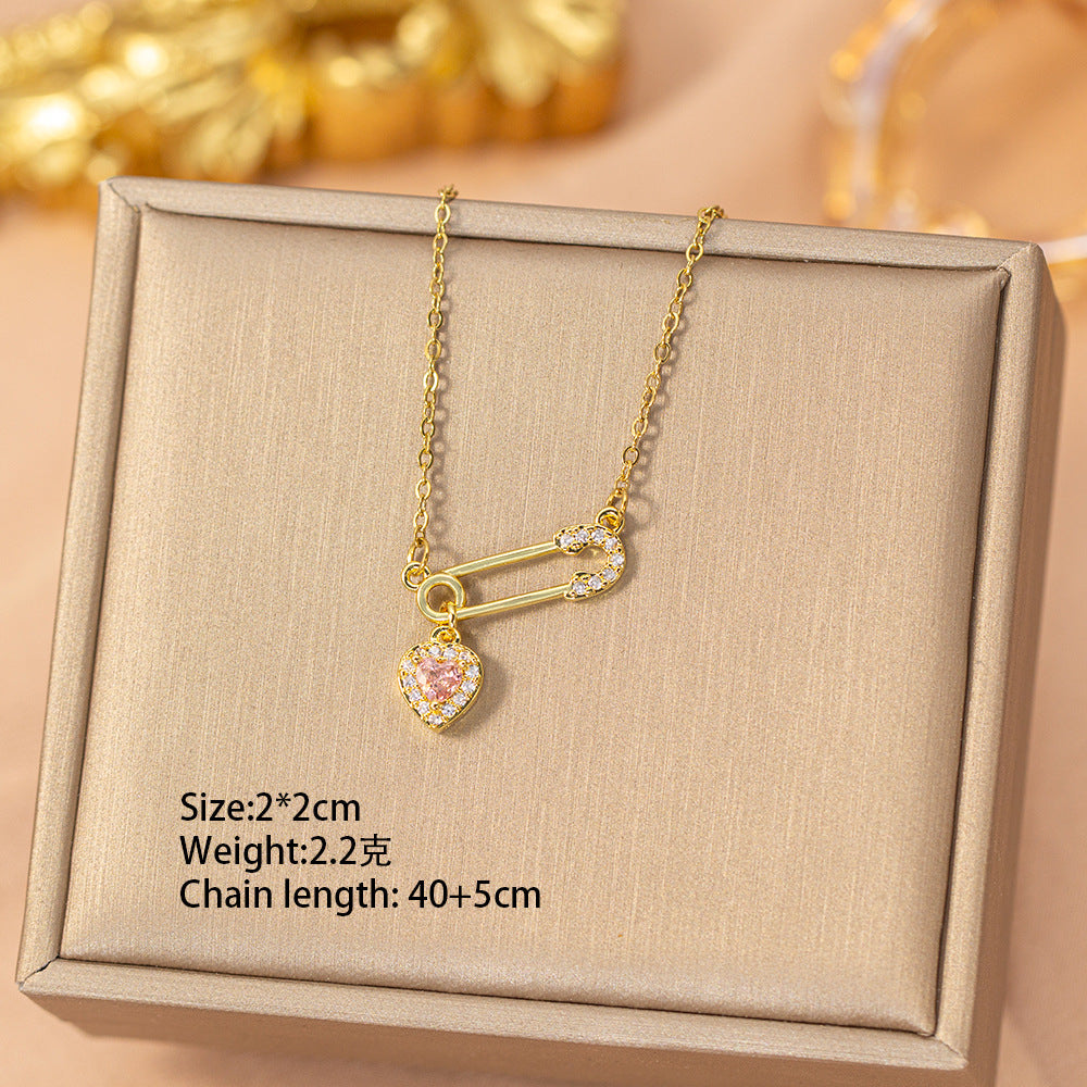 Copper inlaid zirconium four-leaf clover necklace for women, titanium steel real gold plating popularinsfashion flower exquisite sweater chain jewelry