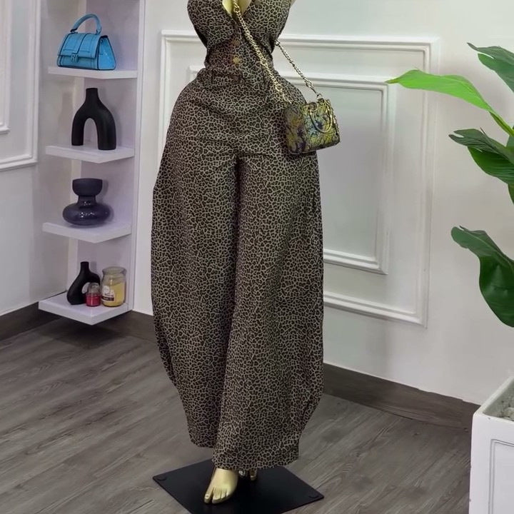 European and american cross-border women's fashion:  summer new leopard print sleeveless halter neck loose fit wide leg jumpsuit