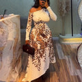 European and american cross-border women's fashion:  summer new arrival - elegant asymmetrical neckline, long sleeve, slim-fit, figure-flattering, printed irregular dress