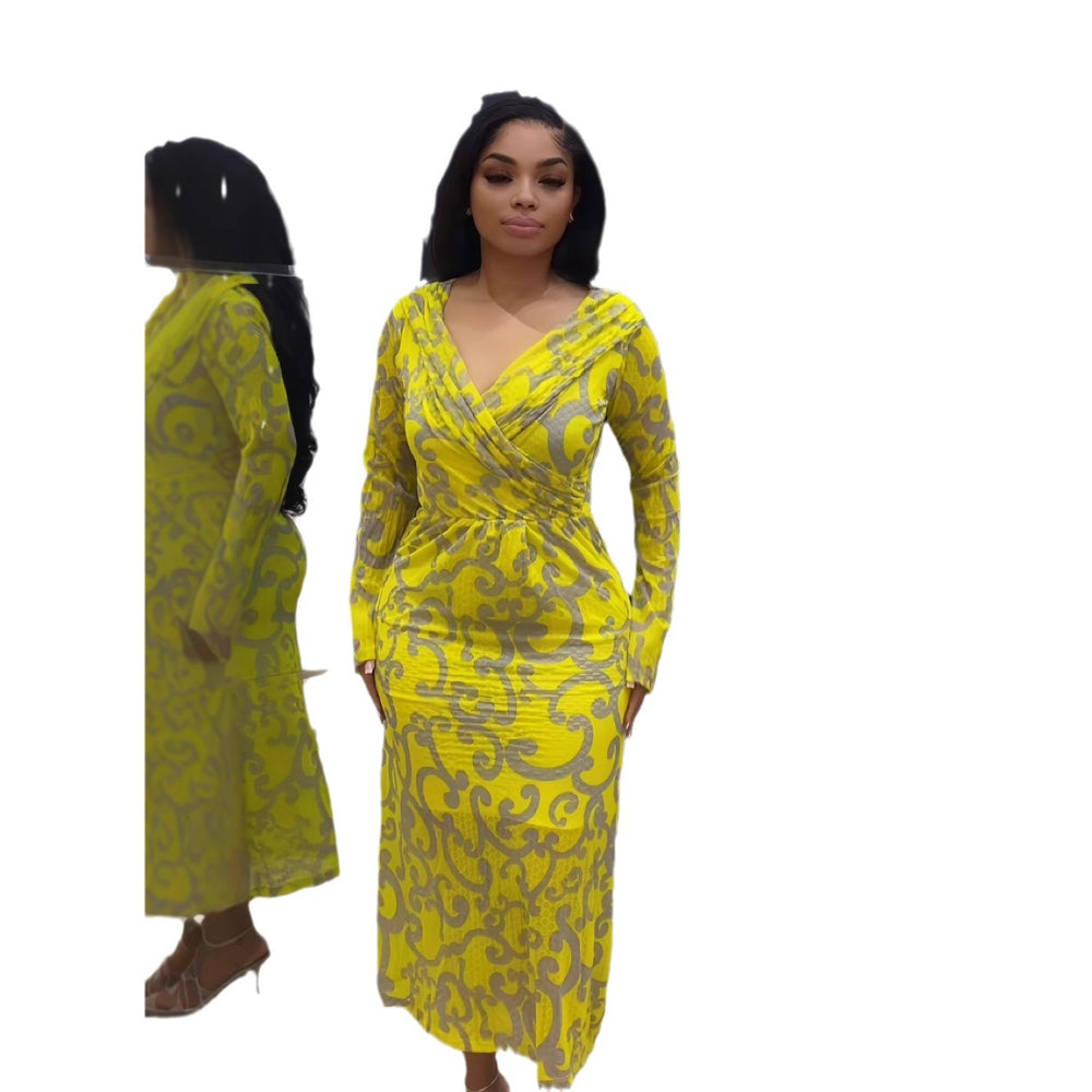 European and american cross-border women's clothing:  autumn/winter new collection - long sleeve, deep v-neck, cinched waist, printed, elegant long dress