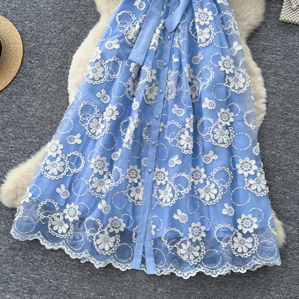 French chic blue lace dress - women's summer bubble sleeve a-line maxi dress - slim fit & figure flattering - new  collection