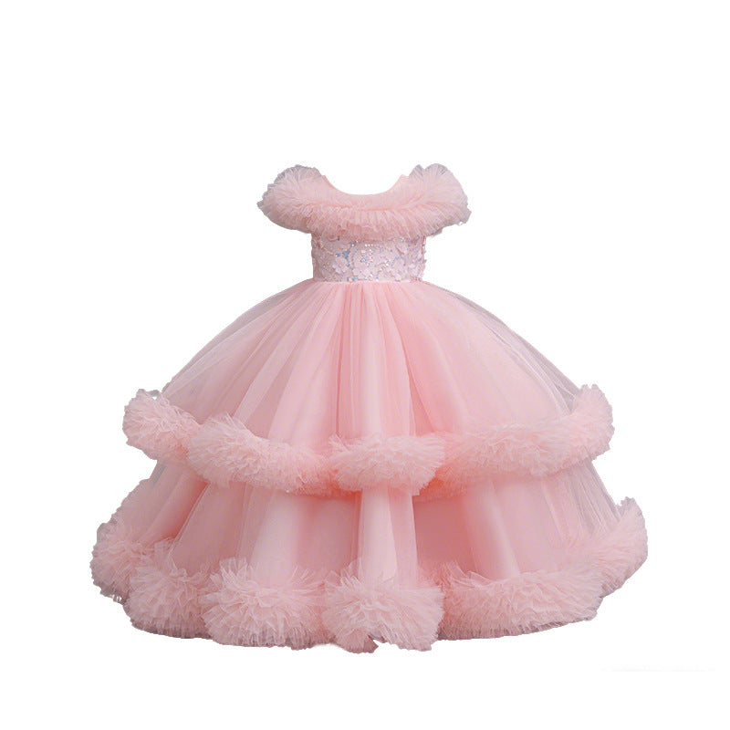 Girls' formal dress cake skirt fluffy ankle-length flower girl wedding dress runway one-shoulder children's princess gown gorgeous dress