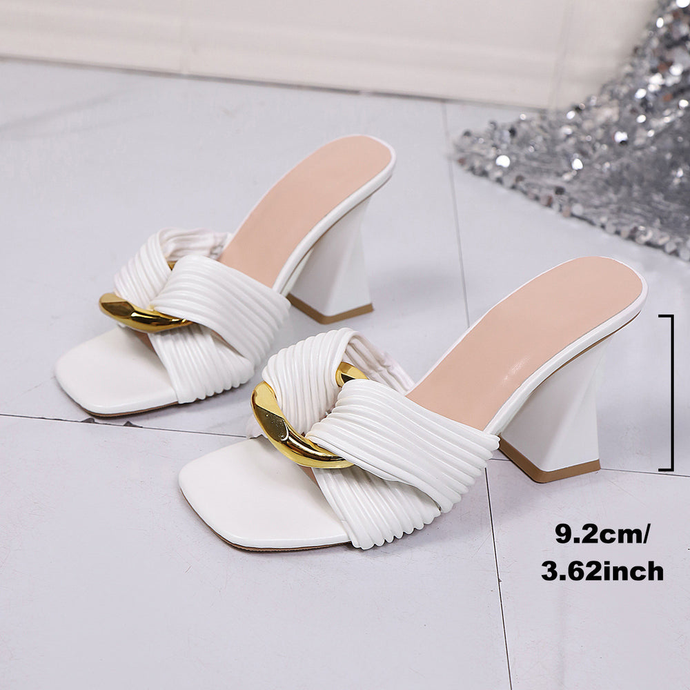 Plus sizeelegant square toe high heels 2026 thick heel metal buckle fashionsexysummernew arrivalexport sandals and slippers for women