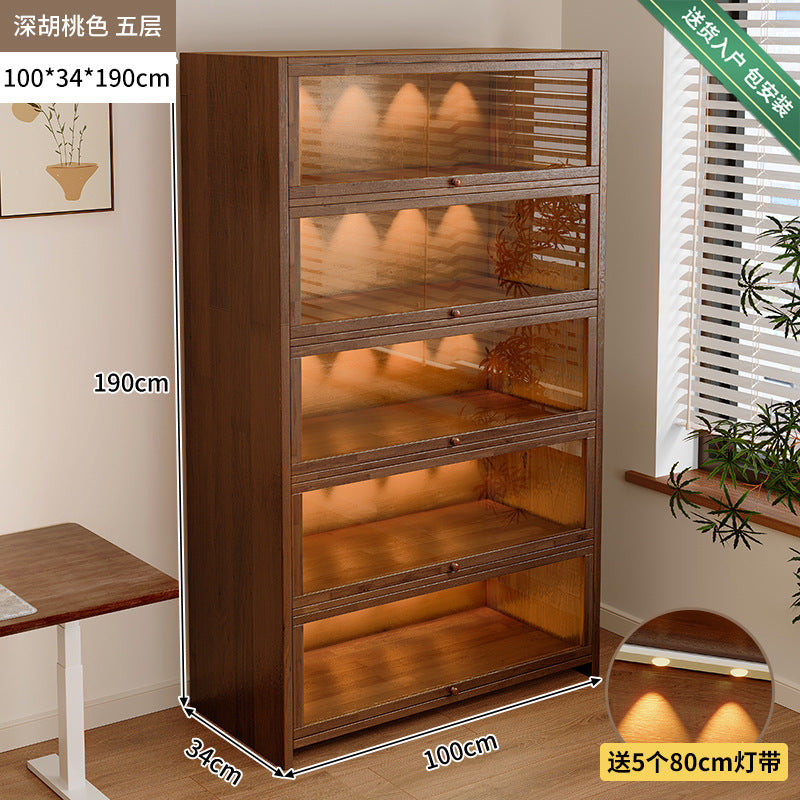 Solid wood dust-proof bookcase integrated against the wall Walnut color storage cabinet Locker Floor storage cabinet Household bookshelf