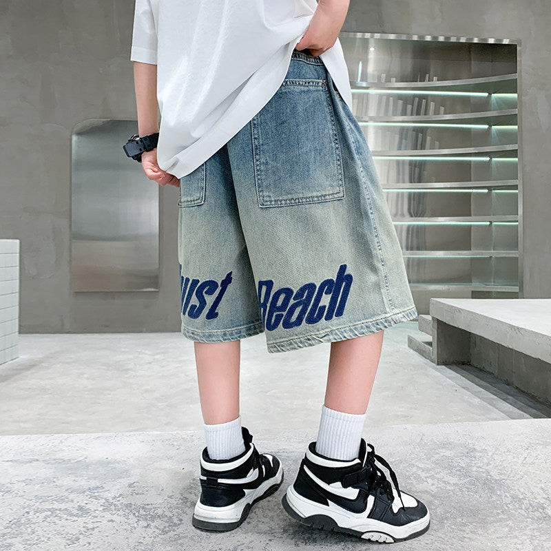 Boys' summer denim shorts - lightweight, loose-fit, mid-length shorts for kids - stylish letter print for older boys