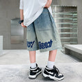 Boys' summer denim shorts - lightweight, loose-fit, mid-length shorts for kids - stylish letter print for older boys