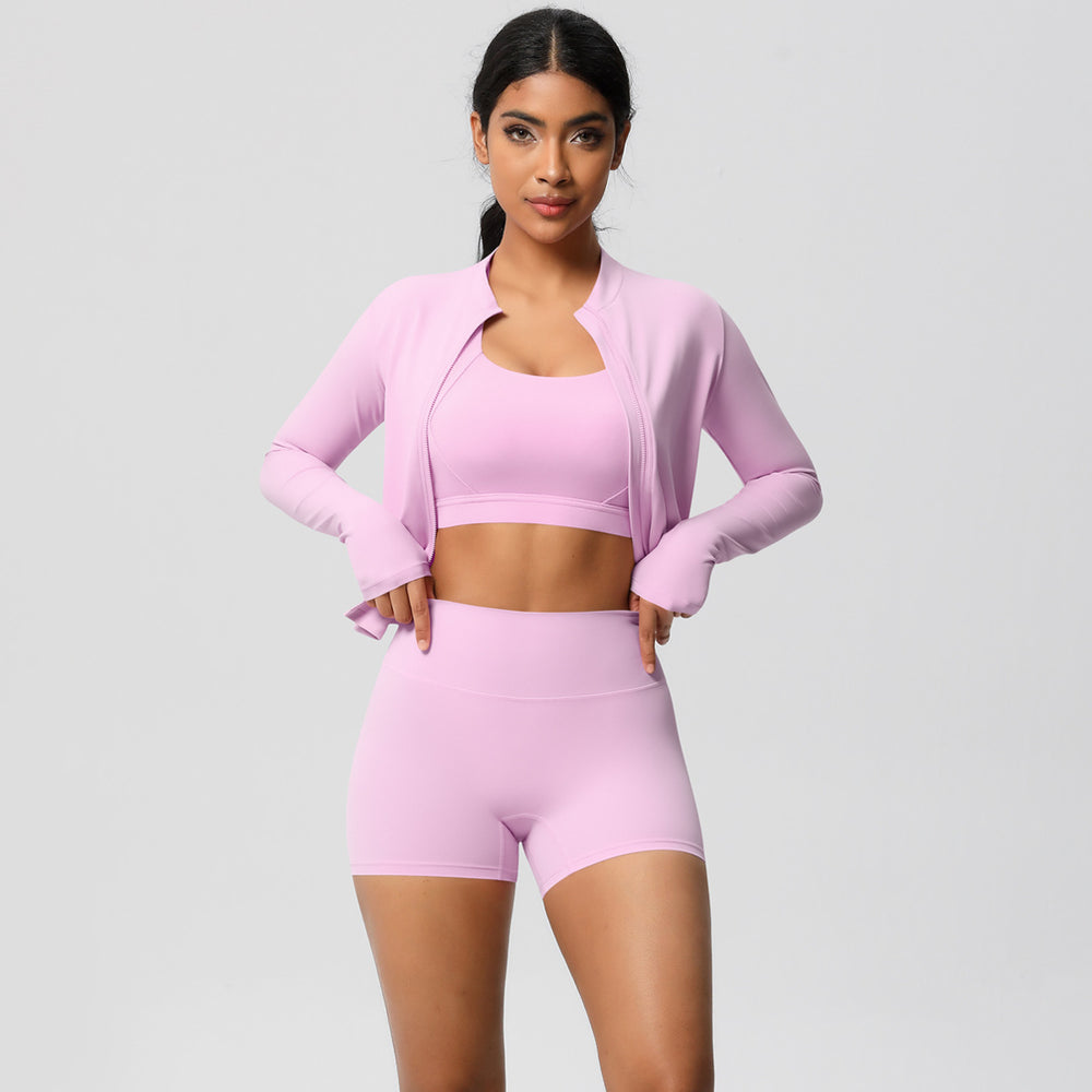 European and american solid color brushed fleece compression quick-dry yoga set - short length cloud-like outdoor running fitness activewear three-piece set