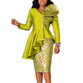 New arrivalfashion church style dresssuit elegance jacquard patchwork satin v neckasymmetricalrufflestwo-piece set