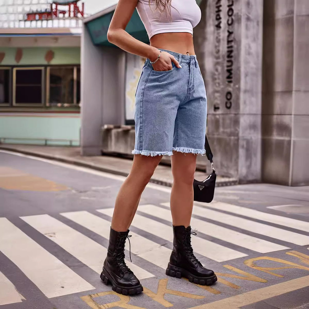 foreign trade european and american women's clothing  new arrivaleasiest for match raw edge straight-leg denim half length pants casualshorts