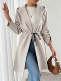 gentle wind hooded mid-long outwear drawstring waist lapel three-quarter rolled sleeves pure color texture