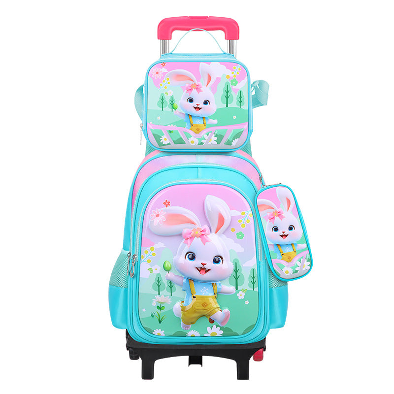 New 3d leather elementary school nylon fabric three-piece set kids' trolley backpack foreign trade lunch bag factory in stock