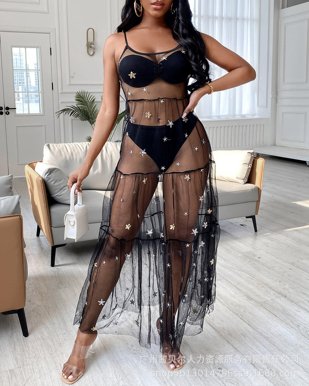 Spot -2022 European and American new suspender sequined mesh pendulum dress