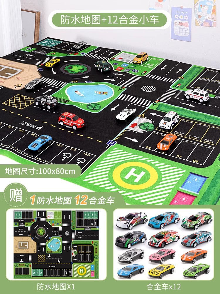 Kids' alloy pull-back car traffic map playset with crawling mat, parking garage, and inertia toys for boys