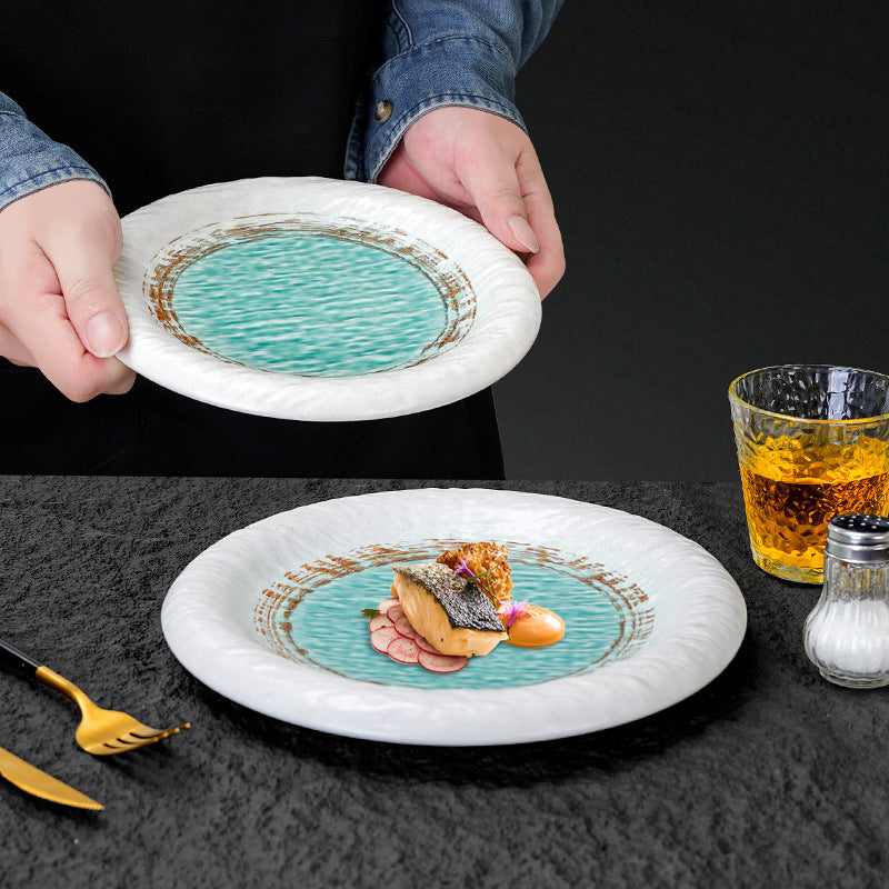 Japanese minimalist ink wash painting ceramic dinner plate - creative, round, ruffled edge, high-end plating for western cuisine, ideal for restaurants and hotels