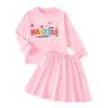 girls' pink long-sleeve sweatshirt and pleated skirt set - autumn casual two-piece outfit with letter appliqué
