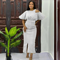 Amazon european and american women's clothing solid color casual fashion african cross-border ruffle sleeve slim fit slit maxi dress