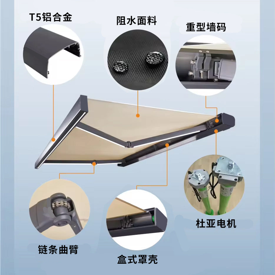 Export-grade extendable 4m square full box retractable awning with lights for villa courtyards - retractable sun shade