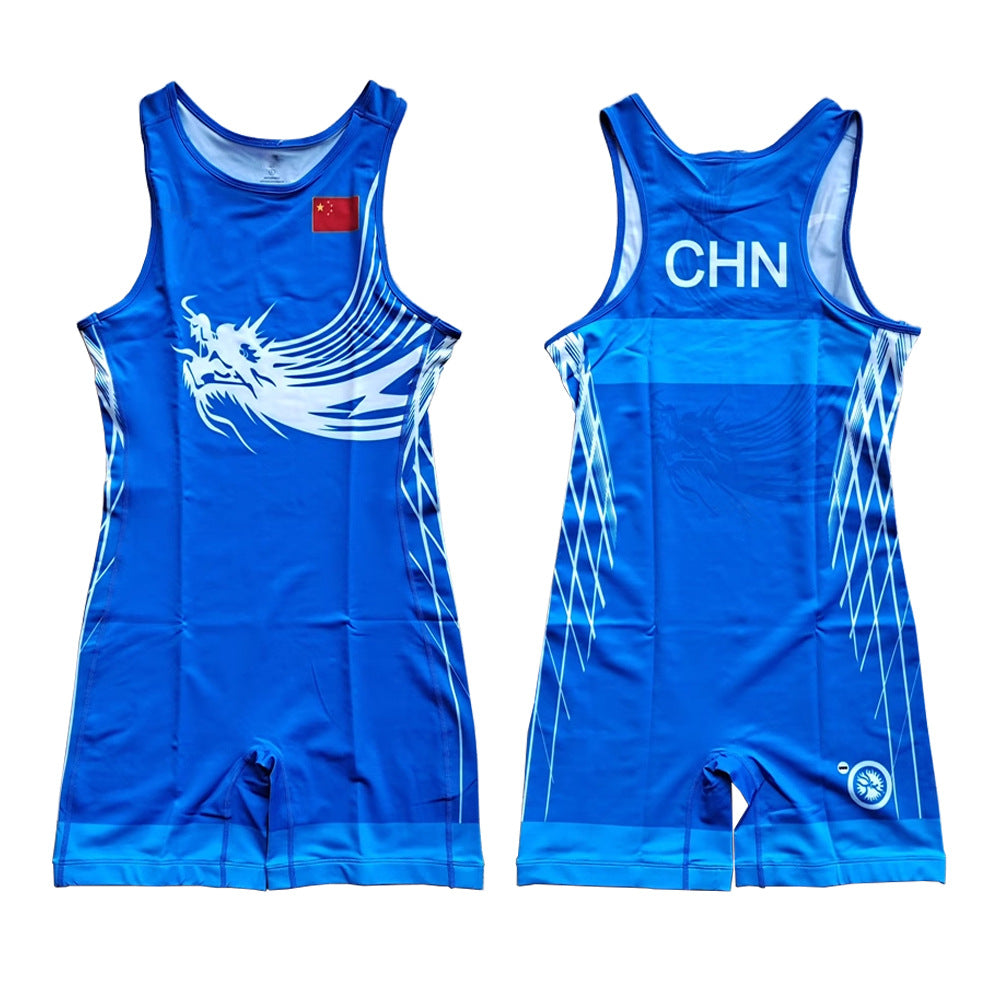 Sublimation full body print men's one-piece wrestling suit custom match weightlifting suit men's and women's free wrestling one-piece vest