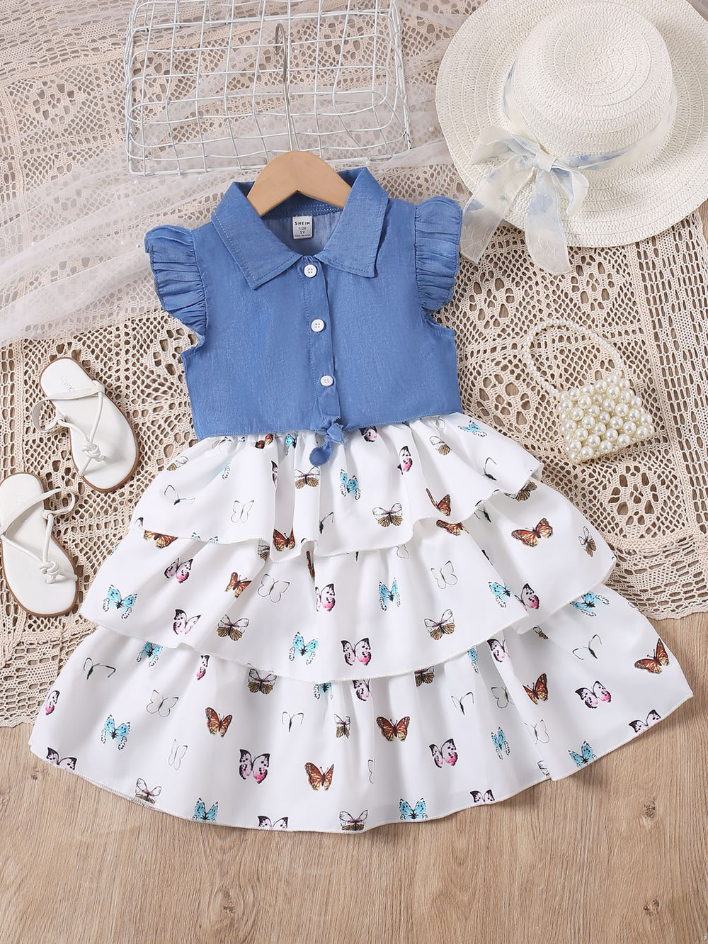 exclusive supply of youxiaofei sleeve denim vest + suspender dress cake skirt girlsuittwo-piece set