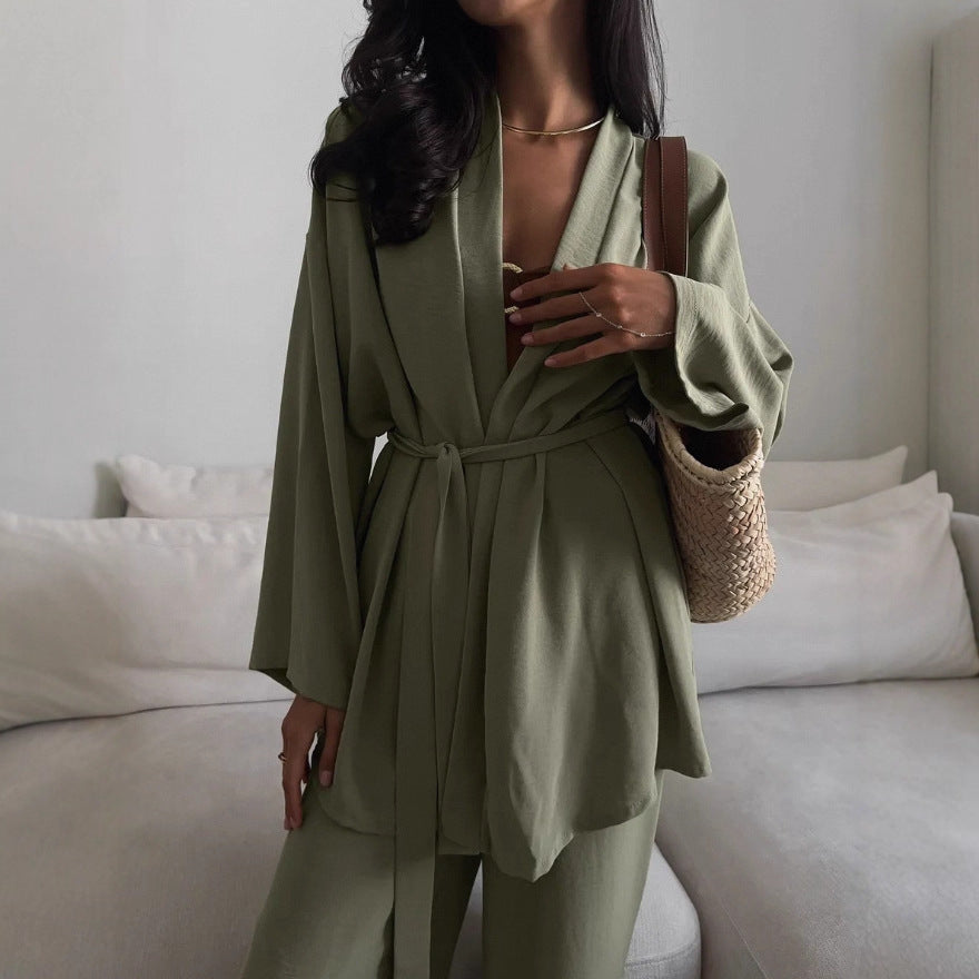 Cross-border new simple design set women's waist lace-up cardigan trousers  autumn leisure home two-piece set